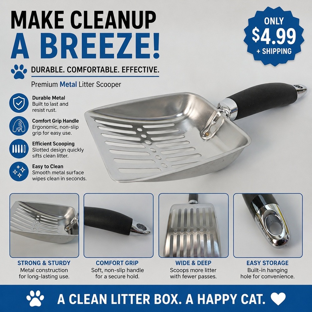Premium Metal Cat Litter Scooper Deep Shovel with Ergonomic Comfort Grip Handle